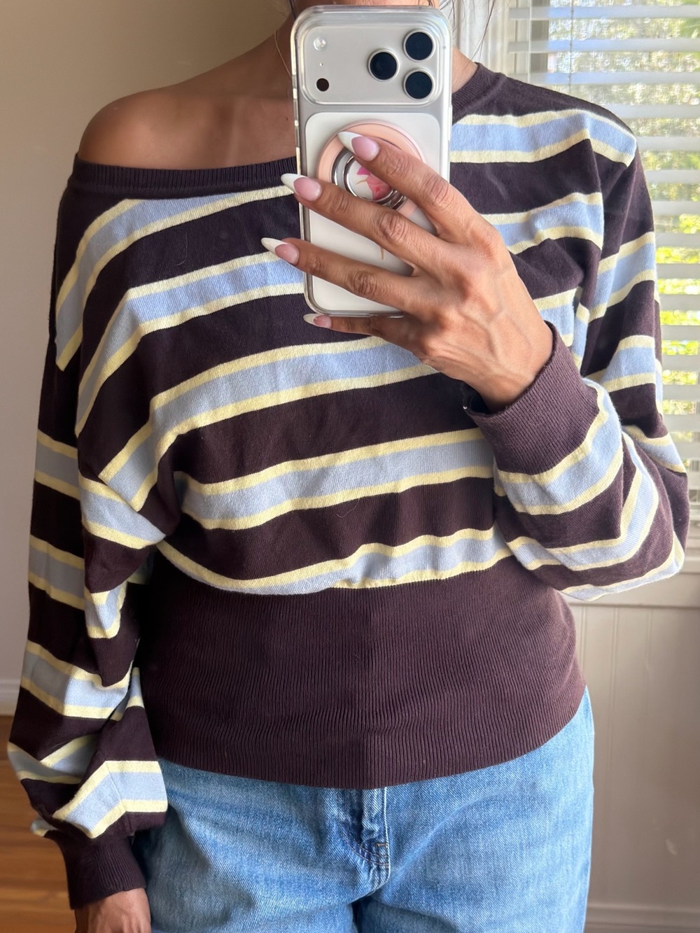 Off-Shoulder Striped Sweater in Brown, Cream & Light Blue